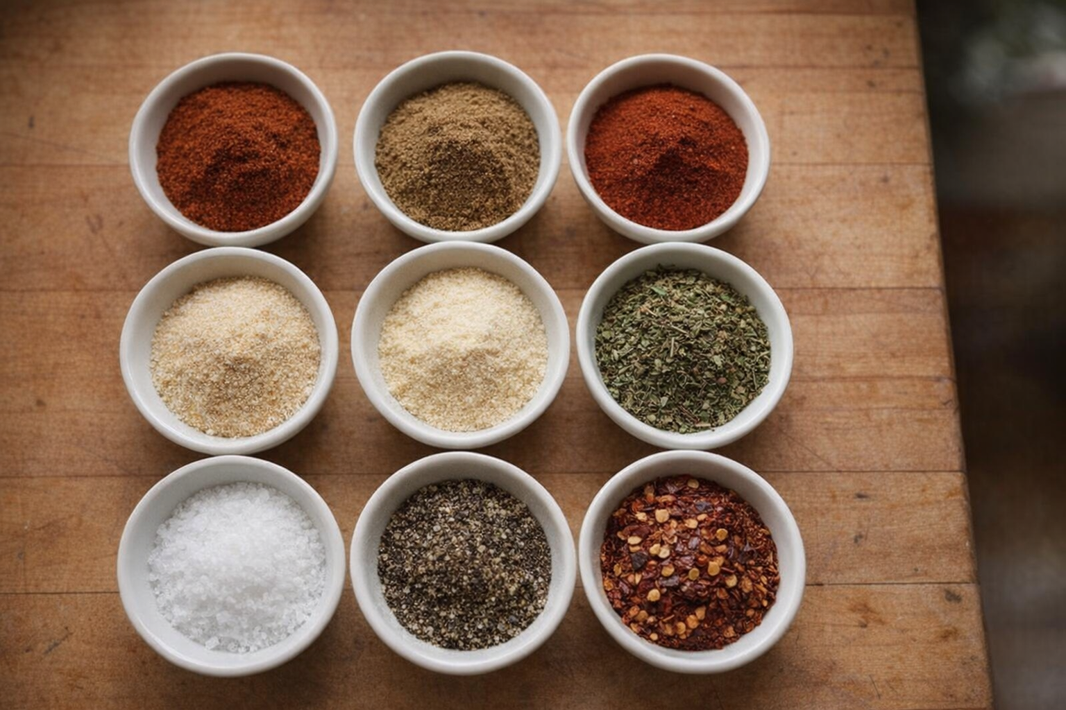 A top-down shot of individual bowls containing each spice: chili powder, cumin, paprika, garlic powder, onion powder, oregano, salt, black pepper, and red pepper flakes, arranged neatly on a wooden countertop, natural window light streaming in